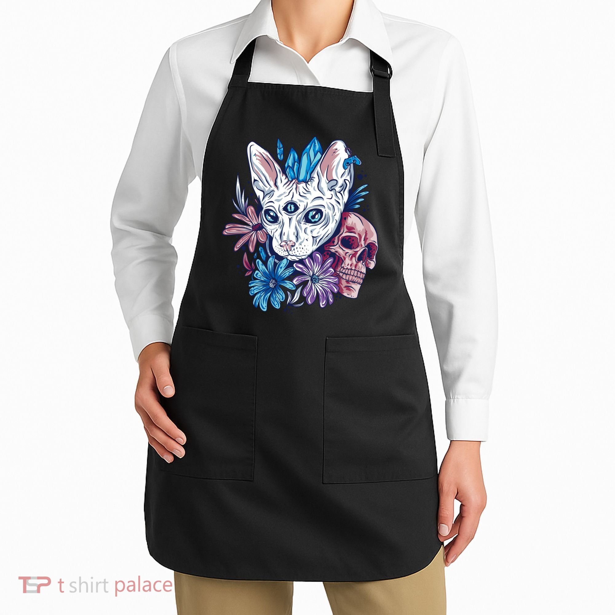 Mystic Cat Skull Floral Apron
