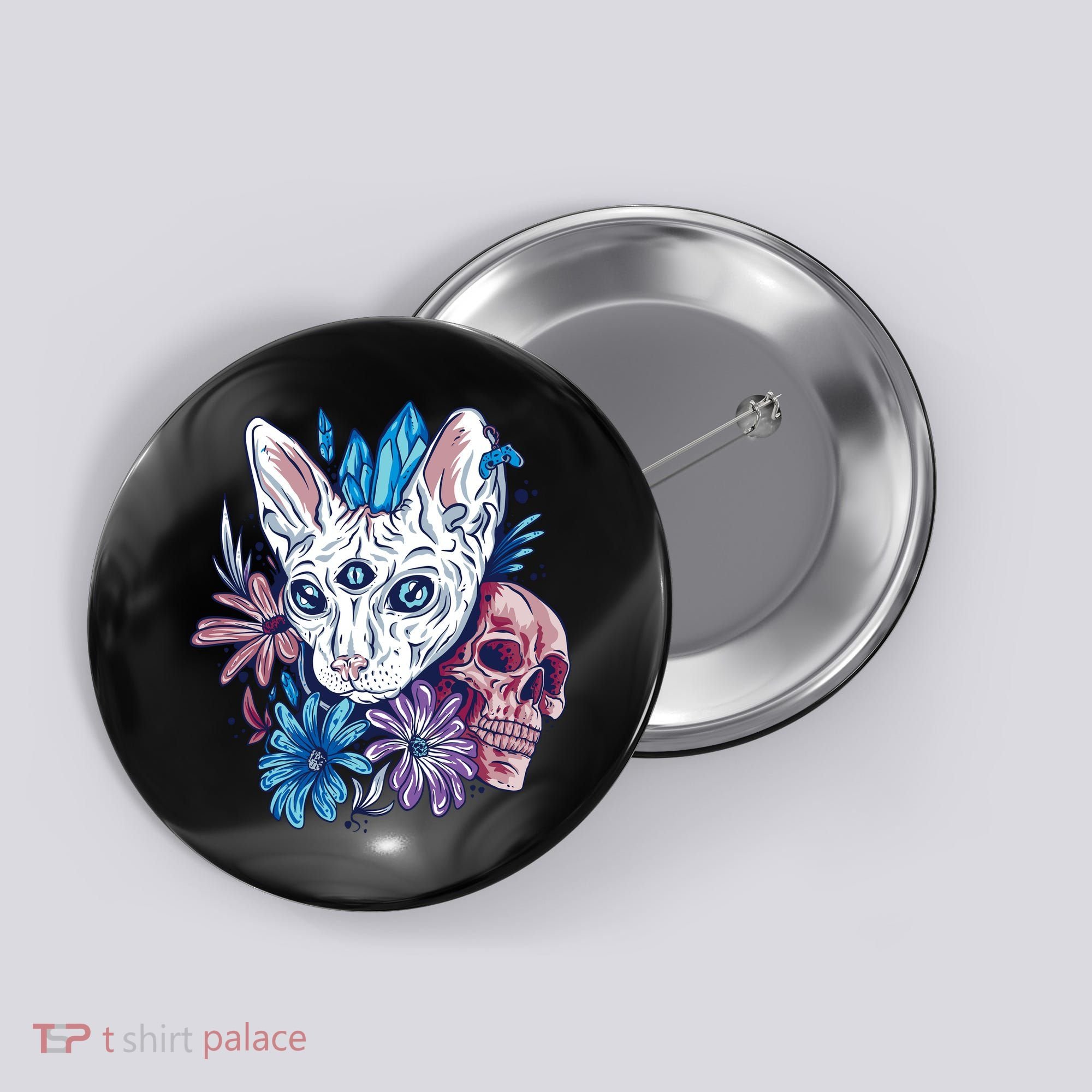 Mystic Cat Skull Floral Button