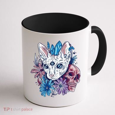 Mystic Cat Skull Floral Coffee Mug back