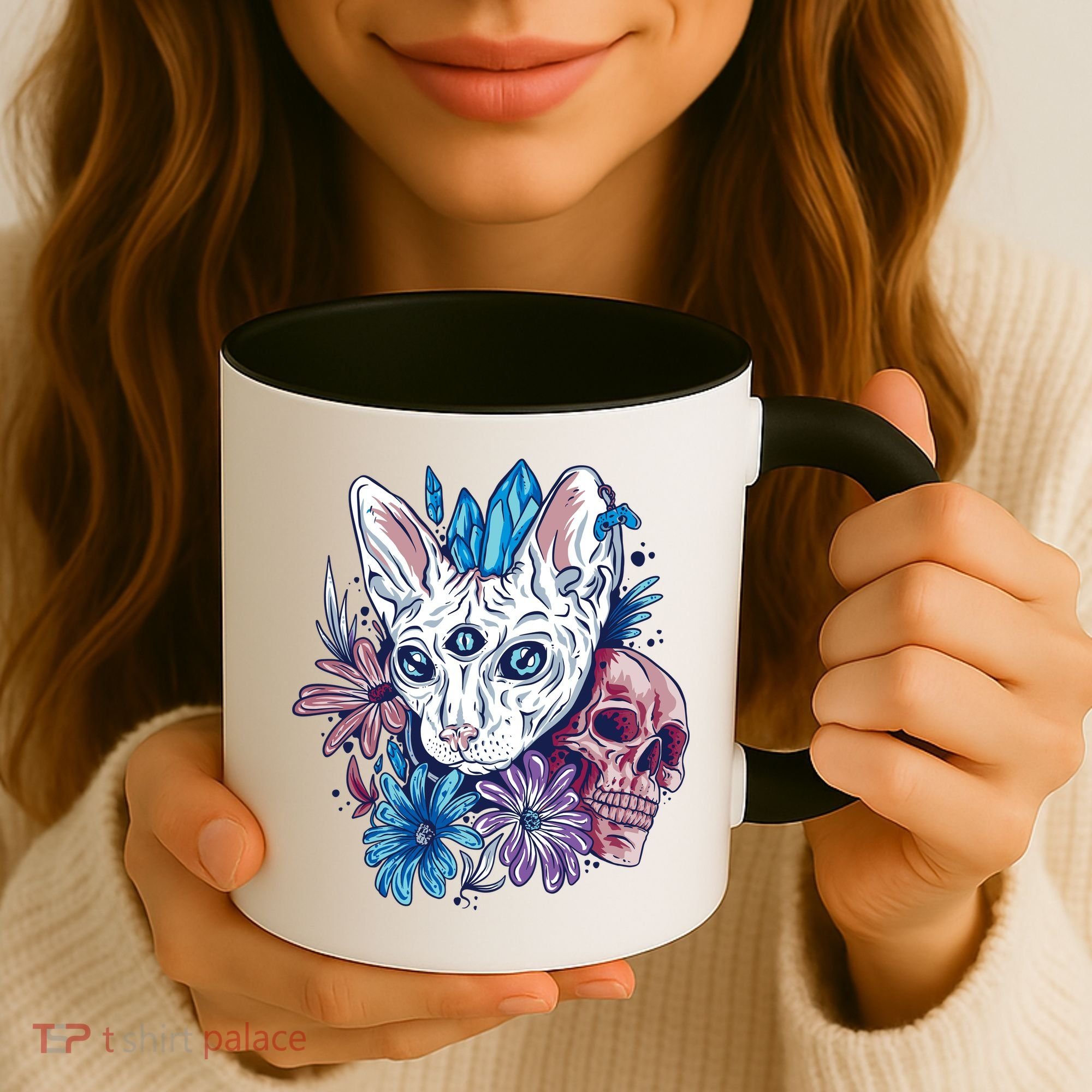 Mystic Cat Skull Floral Coffee Mug