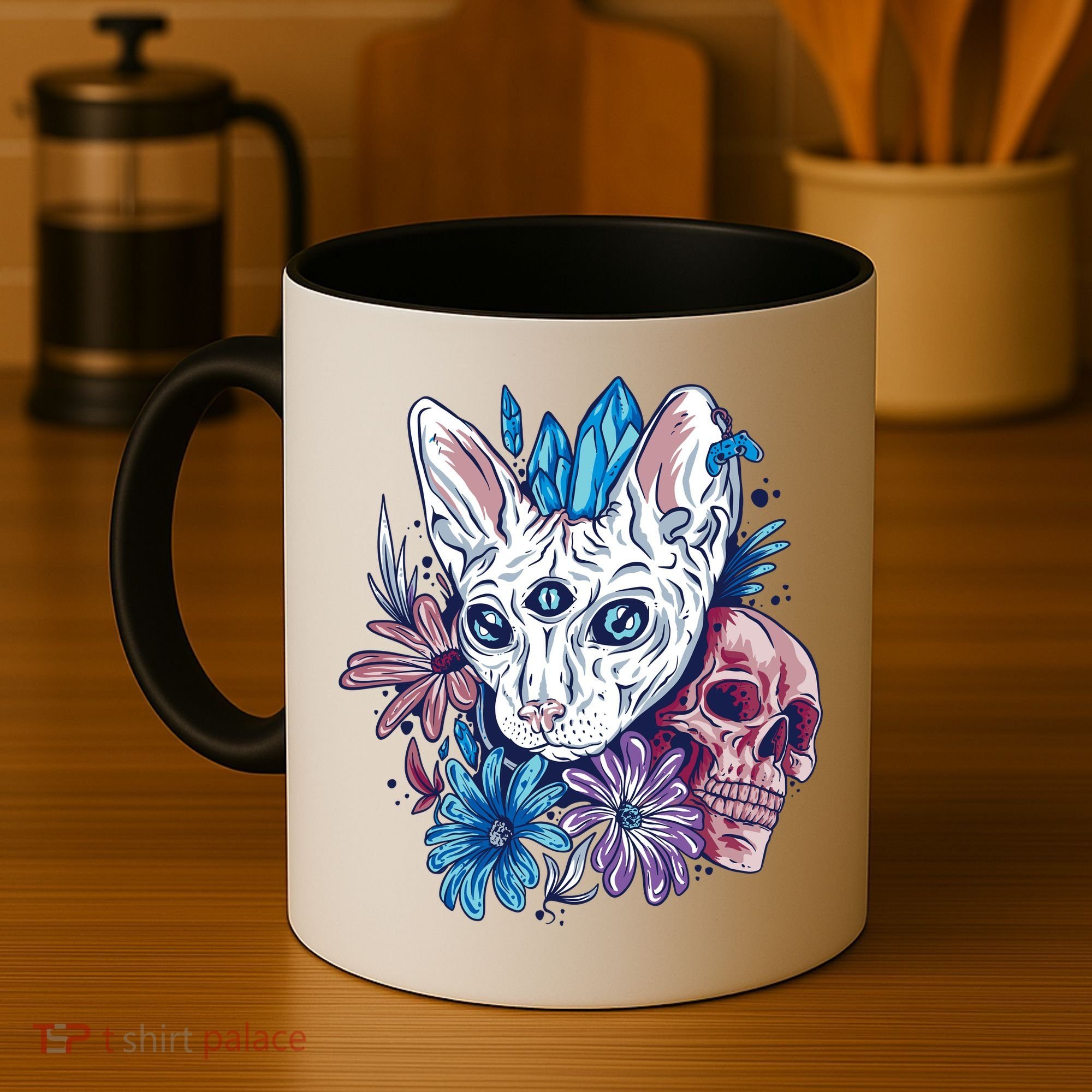 Mystic Cat Skull Floral Coffee Mug