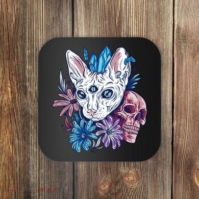 Mystic Cat Skull Floral Coaster