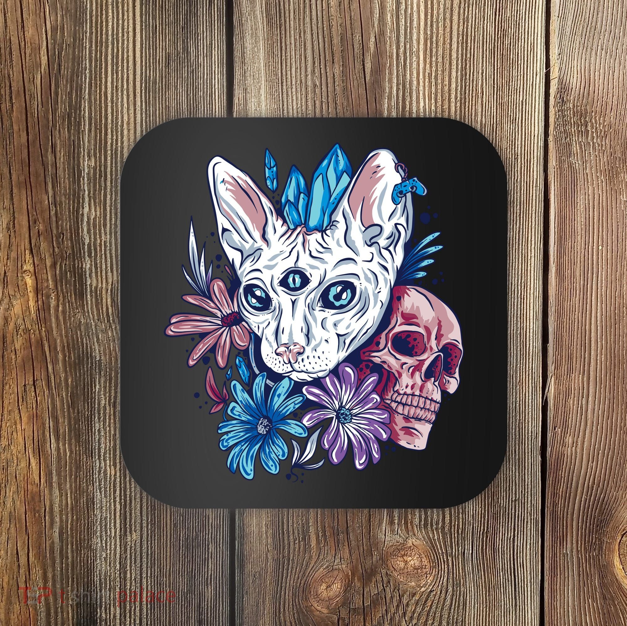 Mystic Cat Skull Floral Coaster