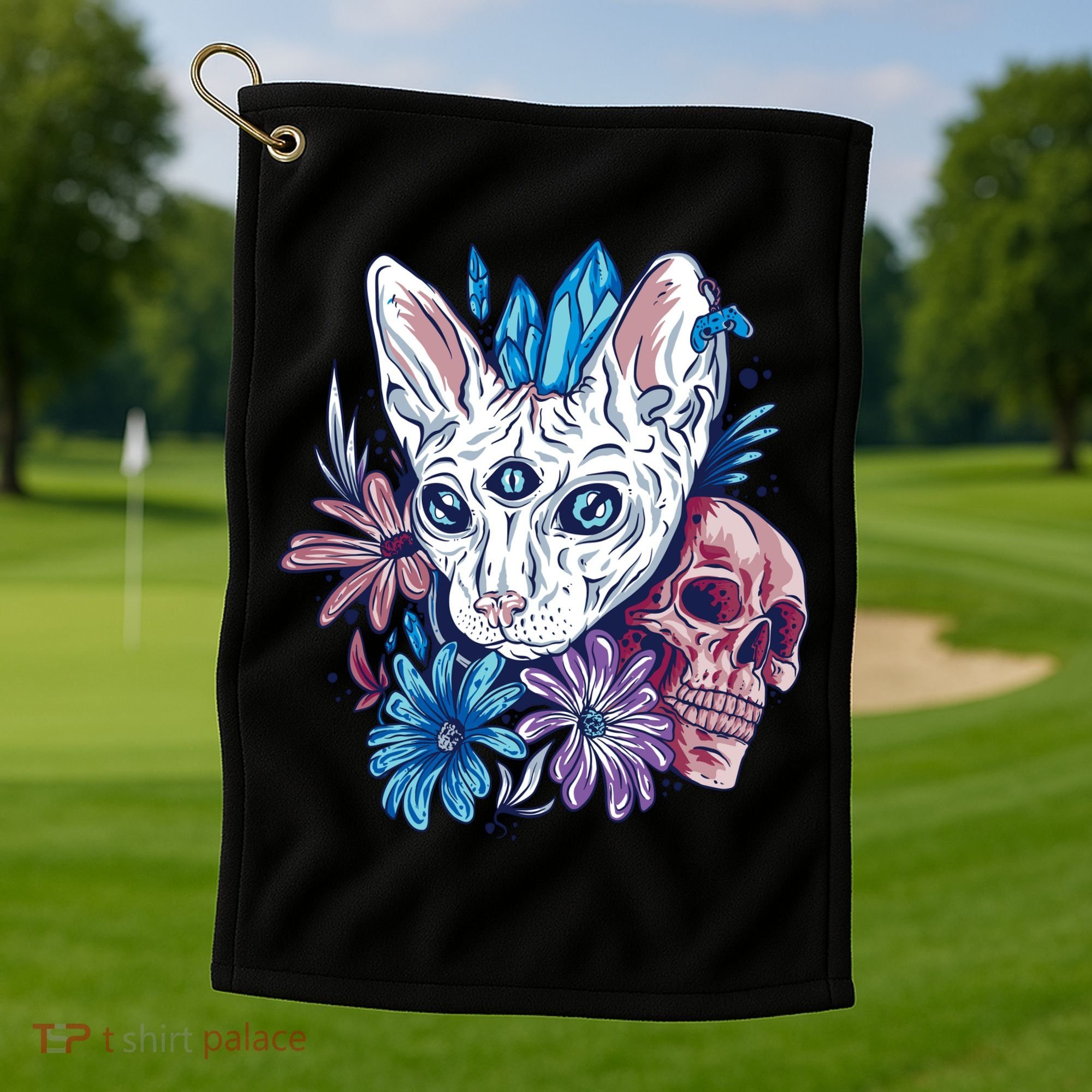 Mystic Cat Skull Floral Golf Towel