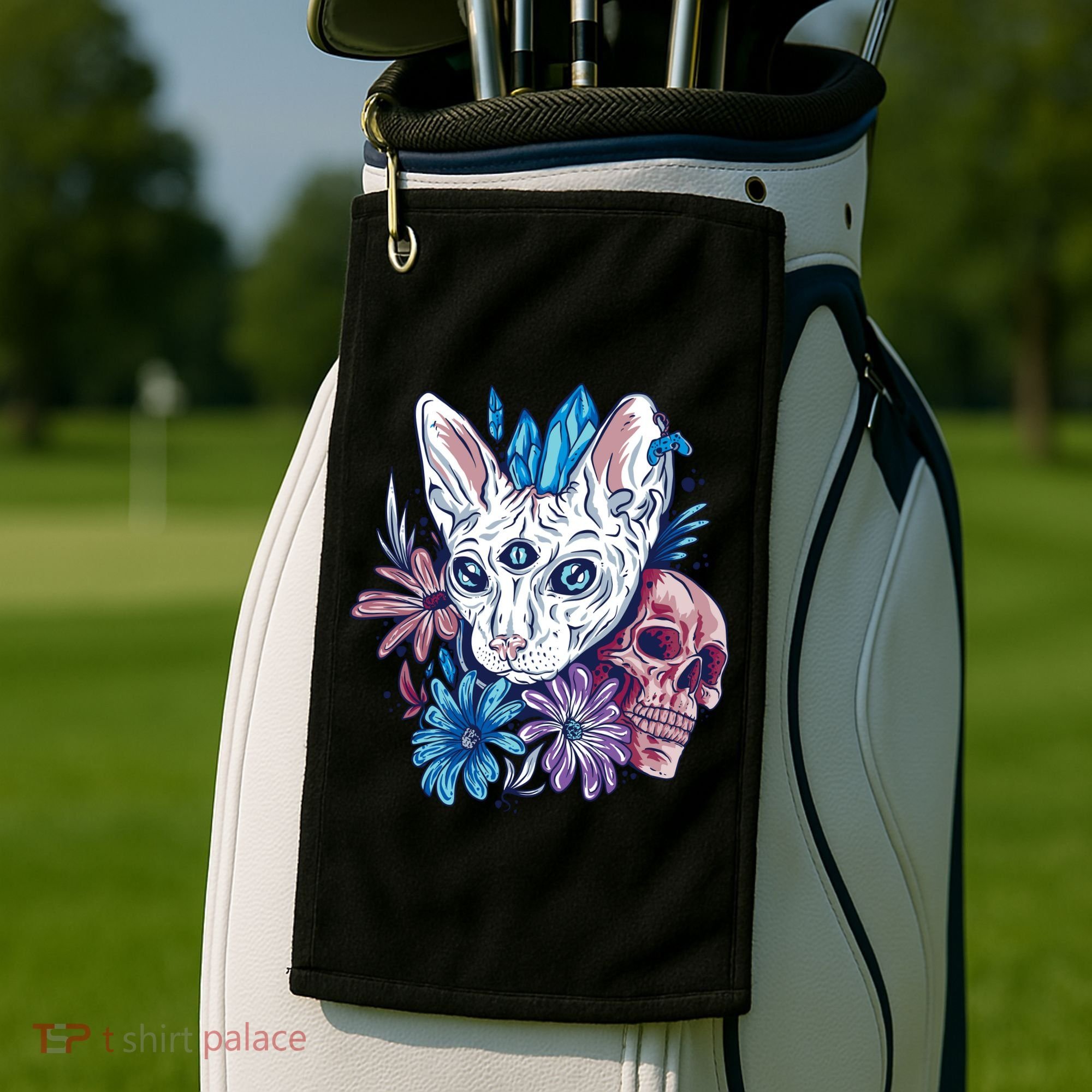 Mystic Cat Skull Floral Golf Towel