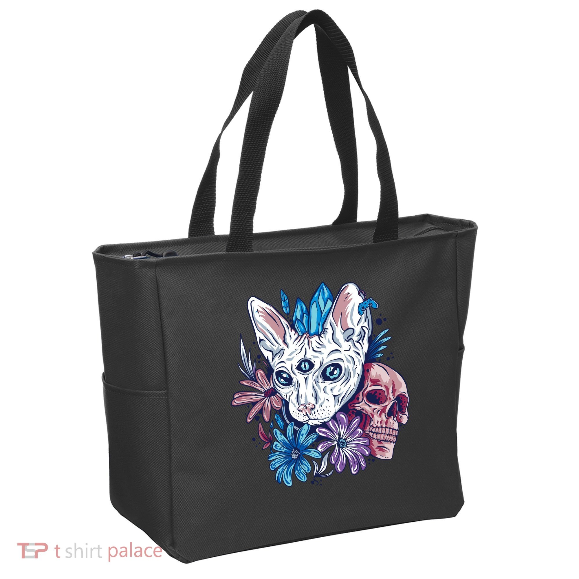 Mystic Cat Skull Floral Tote Bag
