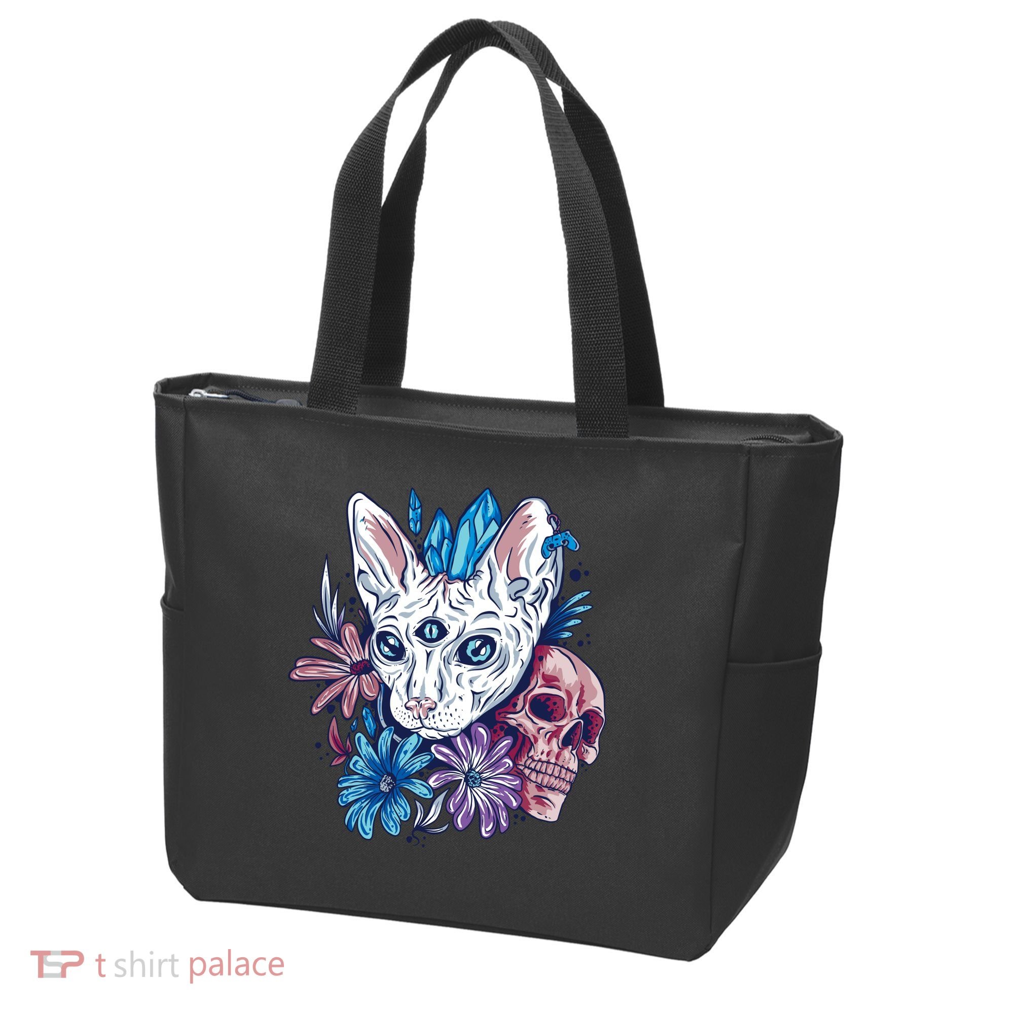 Mystic Cat Skull Floral Tote Bag