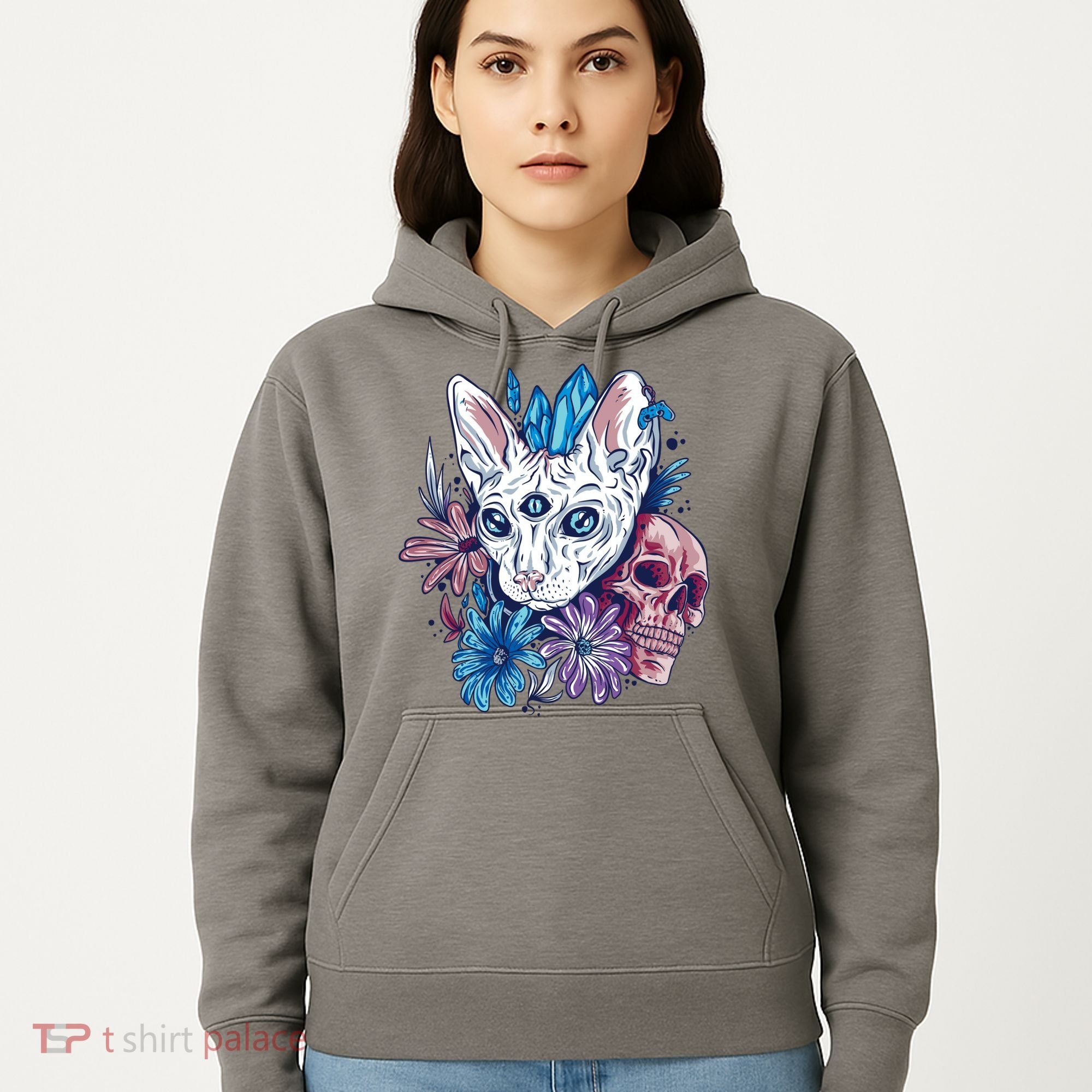 Mystic Cat Skull Floral Hoodie