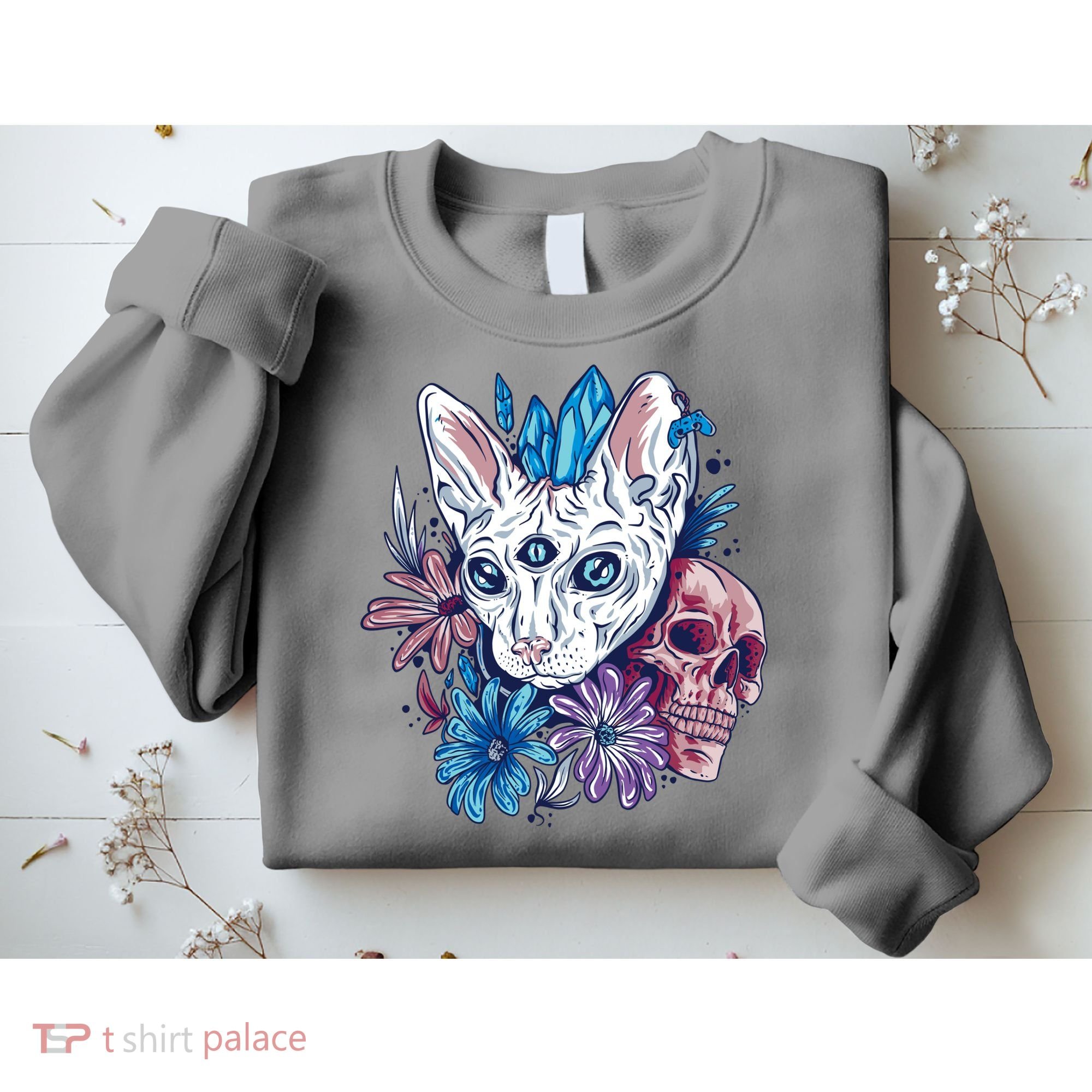 Mystic Cat Skull Floral Sweatshirt