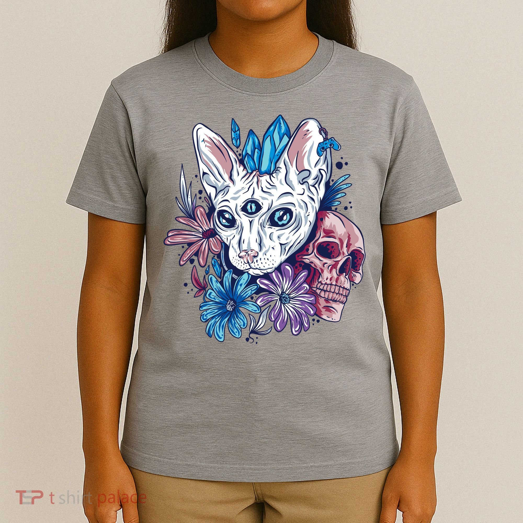 Mystic Cat Skull Floral T-Shirt