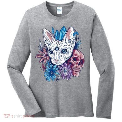 Mystic Cat Skull Floral Women's Long Sleeve Shirt
