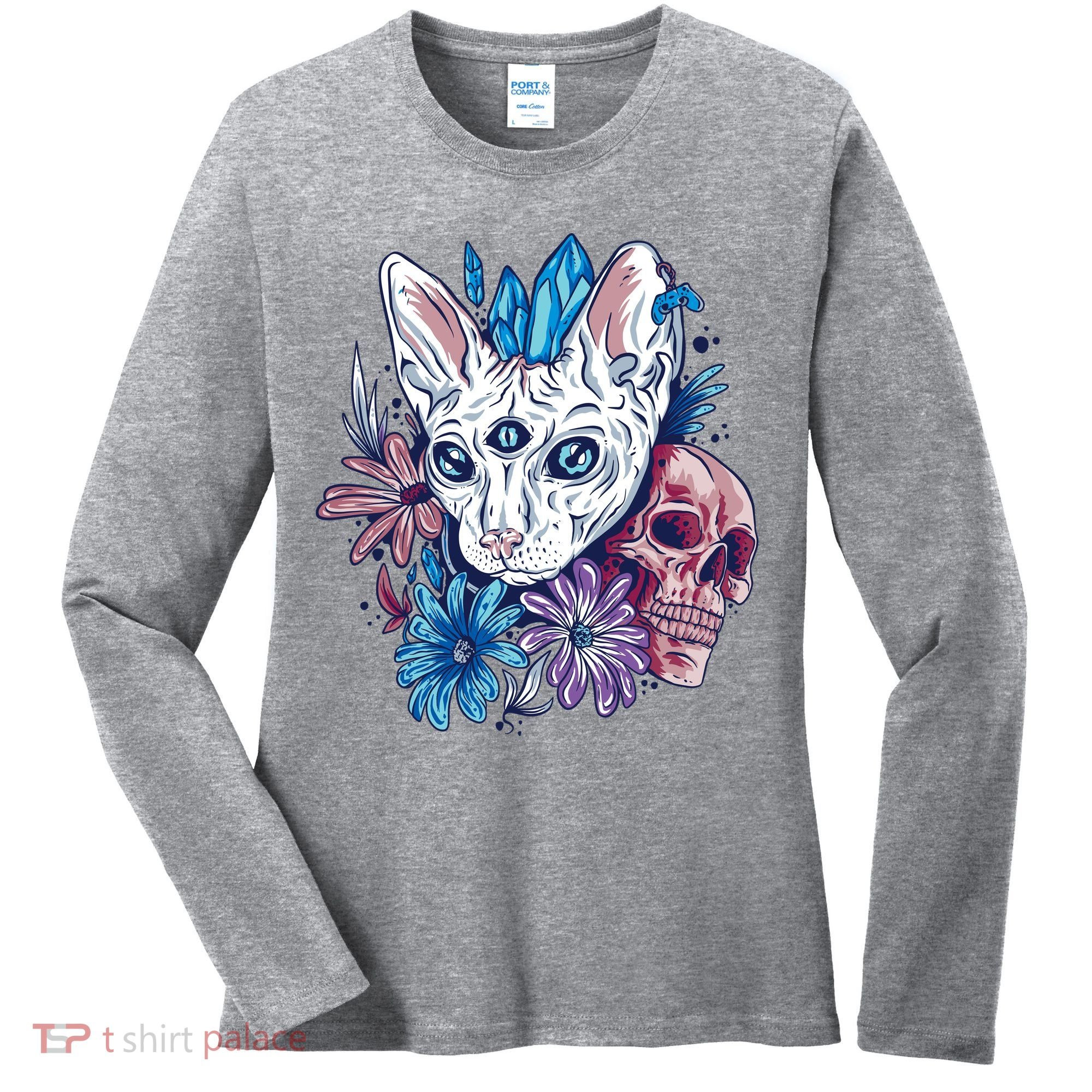 Mystic Cat Skull Floral Women's Long Sleeve Shirt