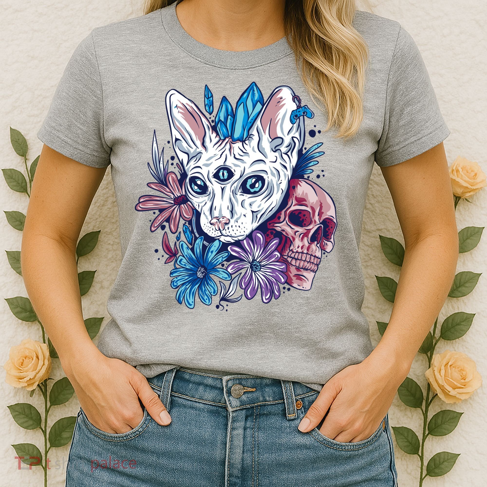 Mystic Cat Skull Floral Women's T-Shirt