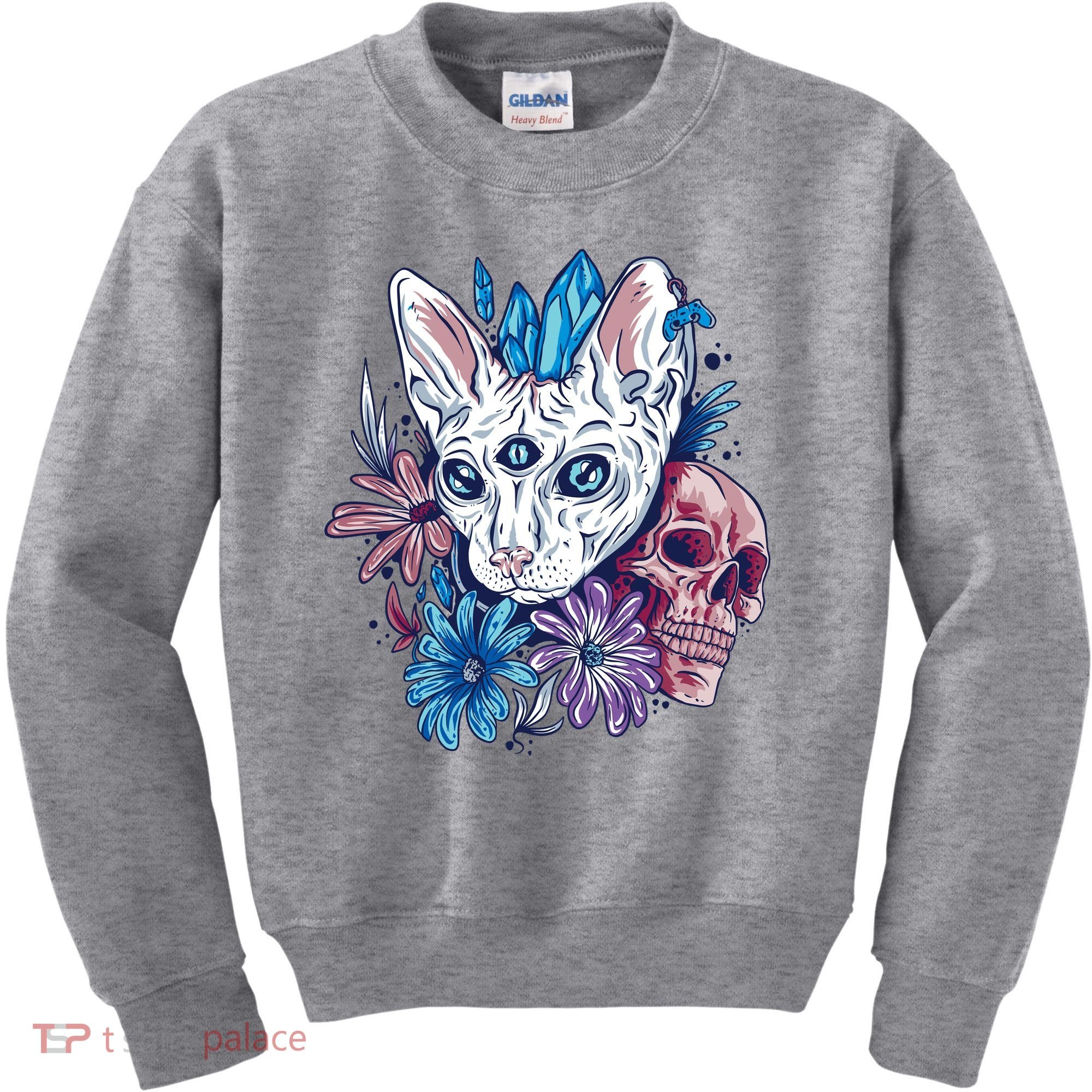Mystic Cat Skull Floral Kids Sweatshirt