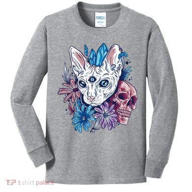 Mystic Cat Skull Floral Kids Long Sleeve Shirt