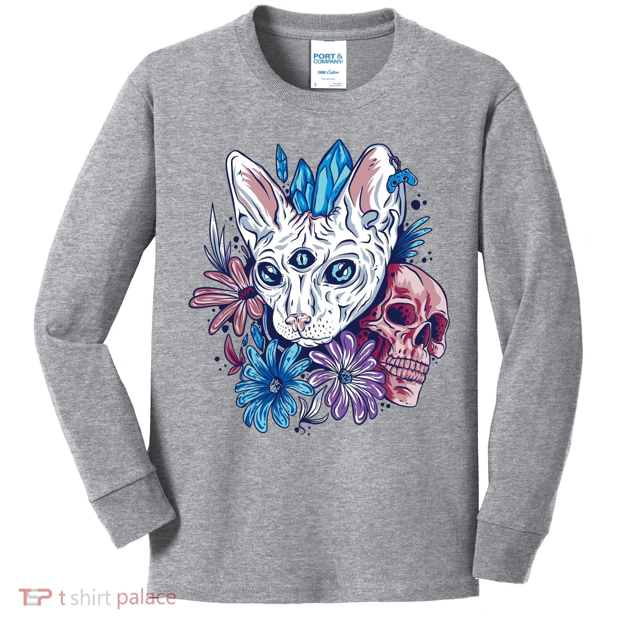 Mystic Cat Skull Floral Kids Long Sleeve Shirt
