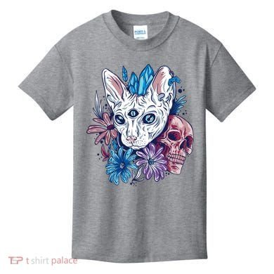 Mystic Cat Skull Floral Kids T-Shirt