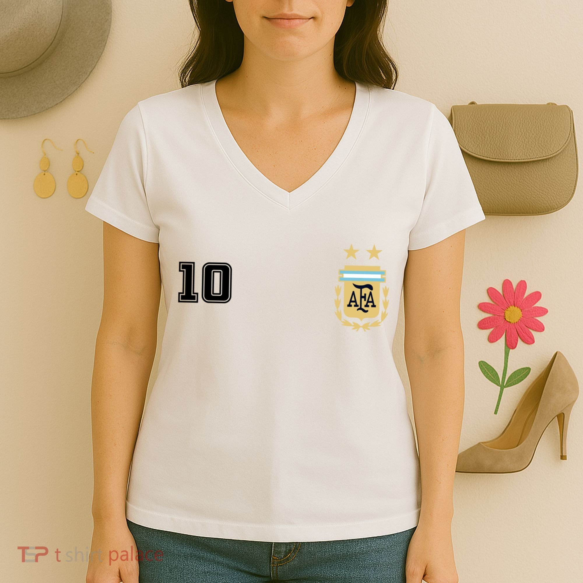Number 10 Argentina Soccer Jersey Argentinian Football Women's V-Neck T-Shirt
