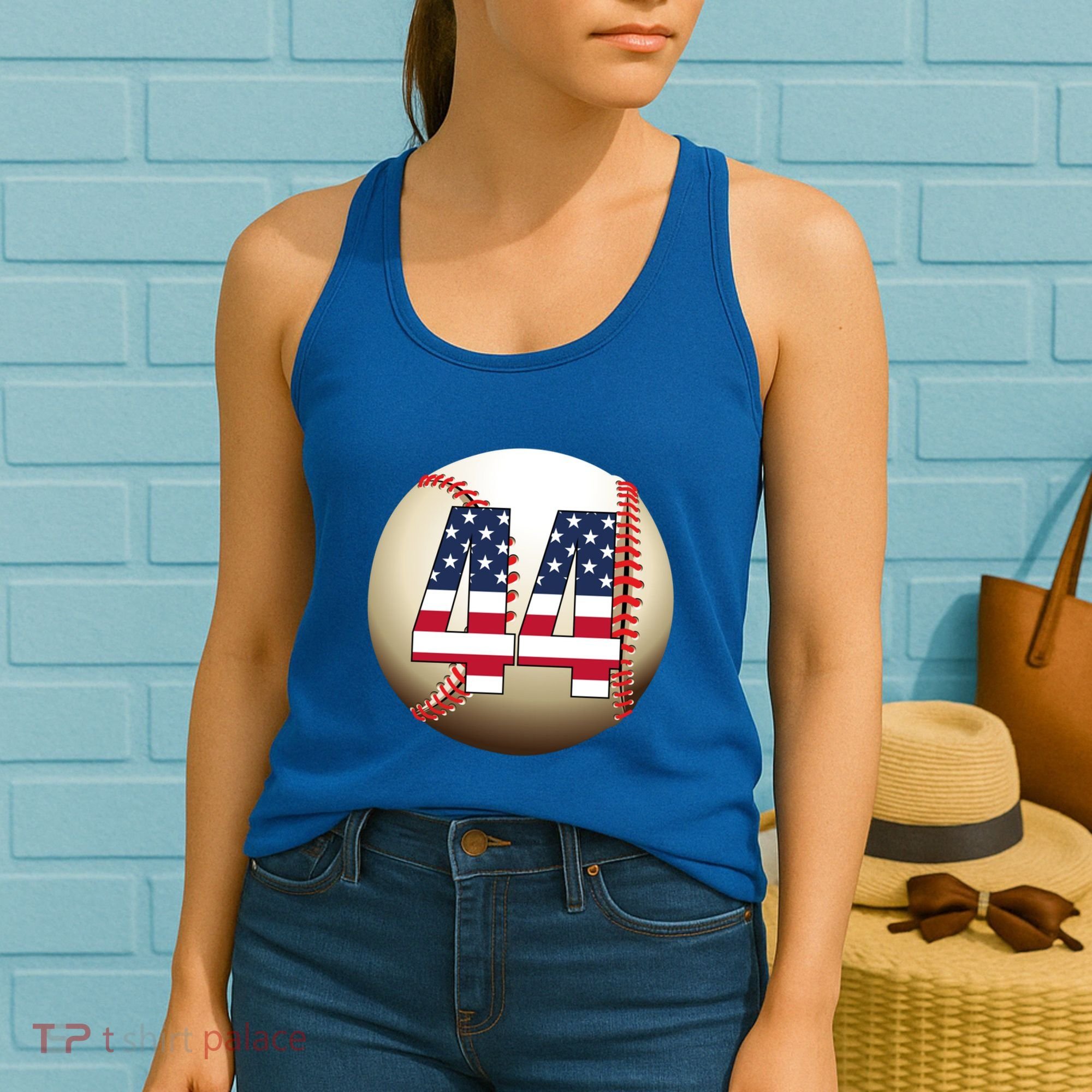 Number #44 Baseball Lover 44 Number With American Flag Usa Gift Women's Tank Top