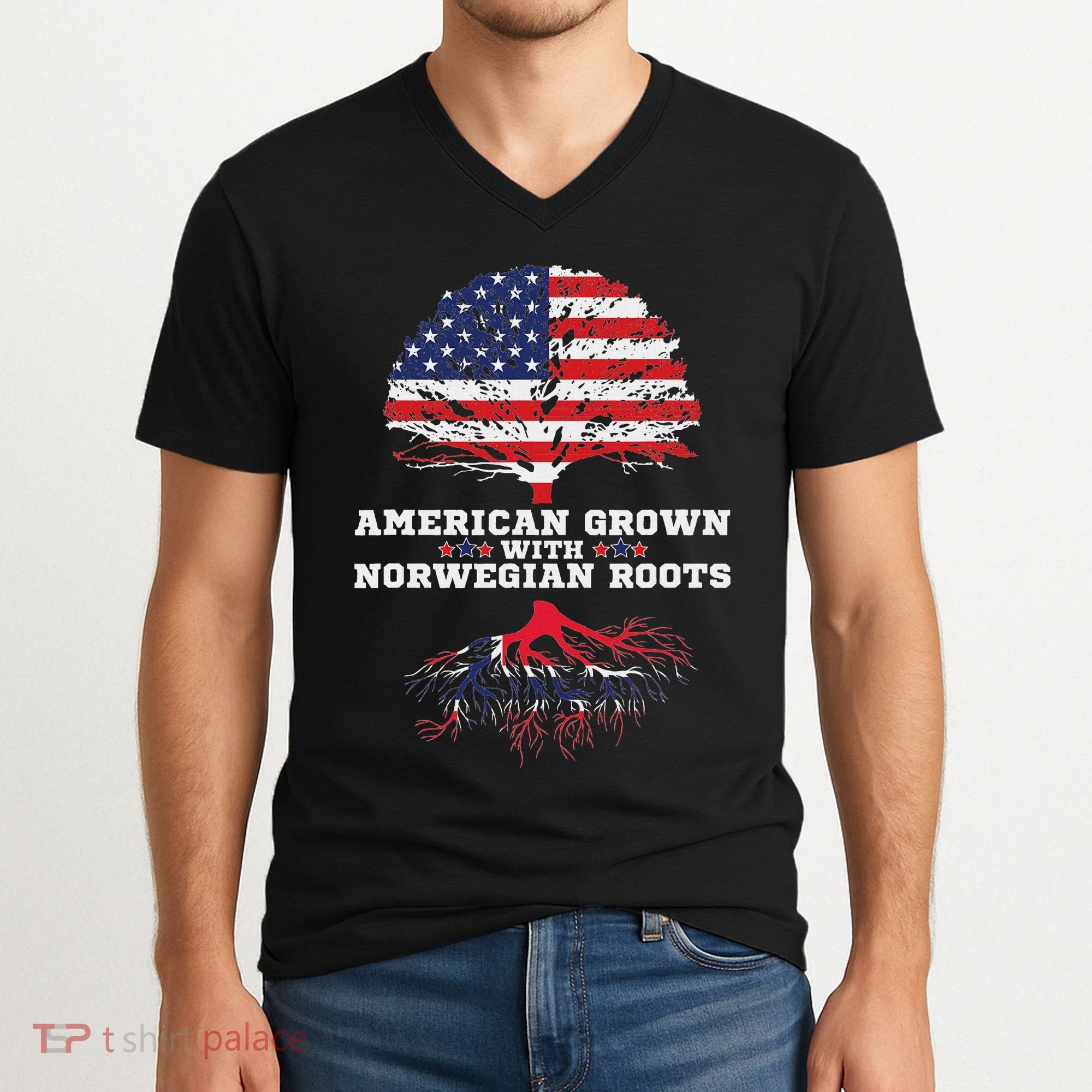 Norwegian American American Grown With Norway Roots V-Neck T-Shirt