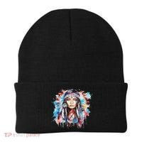 Native American Day Indigenous Girl With Feathers Beanie thumb 0