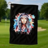 Native American Day Indigenous Girl With Feathers Golf Towel thumb 1