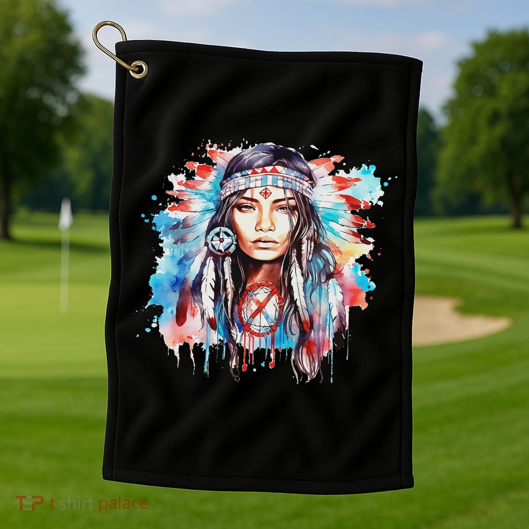 Native American Day Indigenous Girl With Feathers Golf Towel