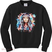 Native American Day Indigenous Girl With Feathers Kids Sweatshirt thumb 0