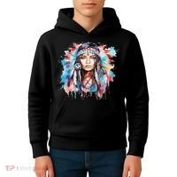Native American Day Indigenous Girl With Feathers Kids Hoodie thumb 4