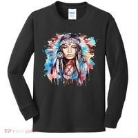 Native American Day Indigenous Girl With Feathers Kids Long Sleeve Shirt thumb 0