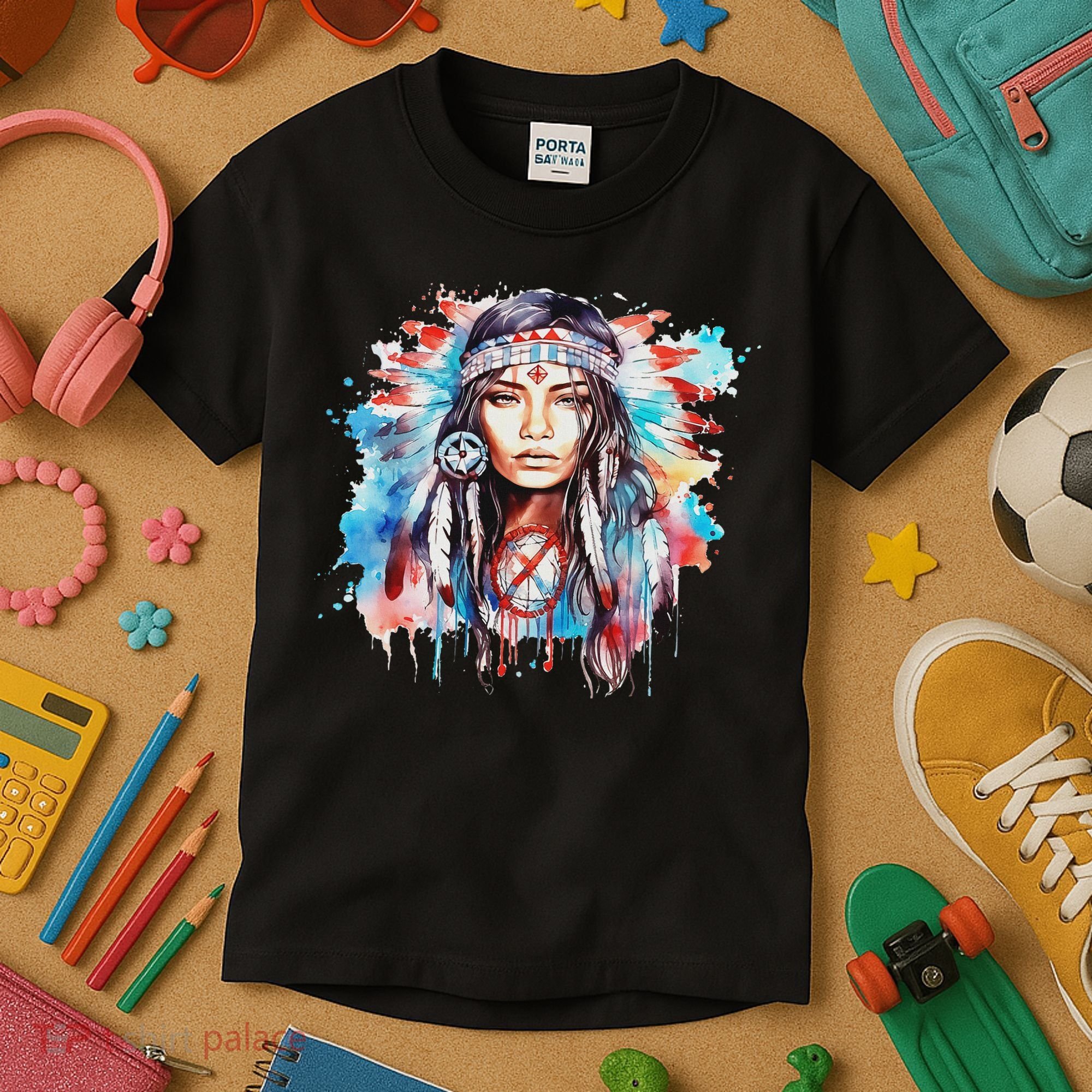 Native American Day Indigenous Girl With Feathers Kids T-Shirt