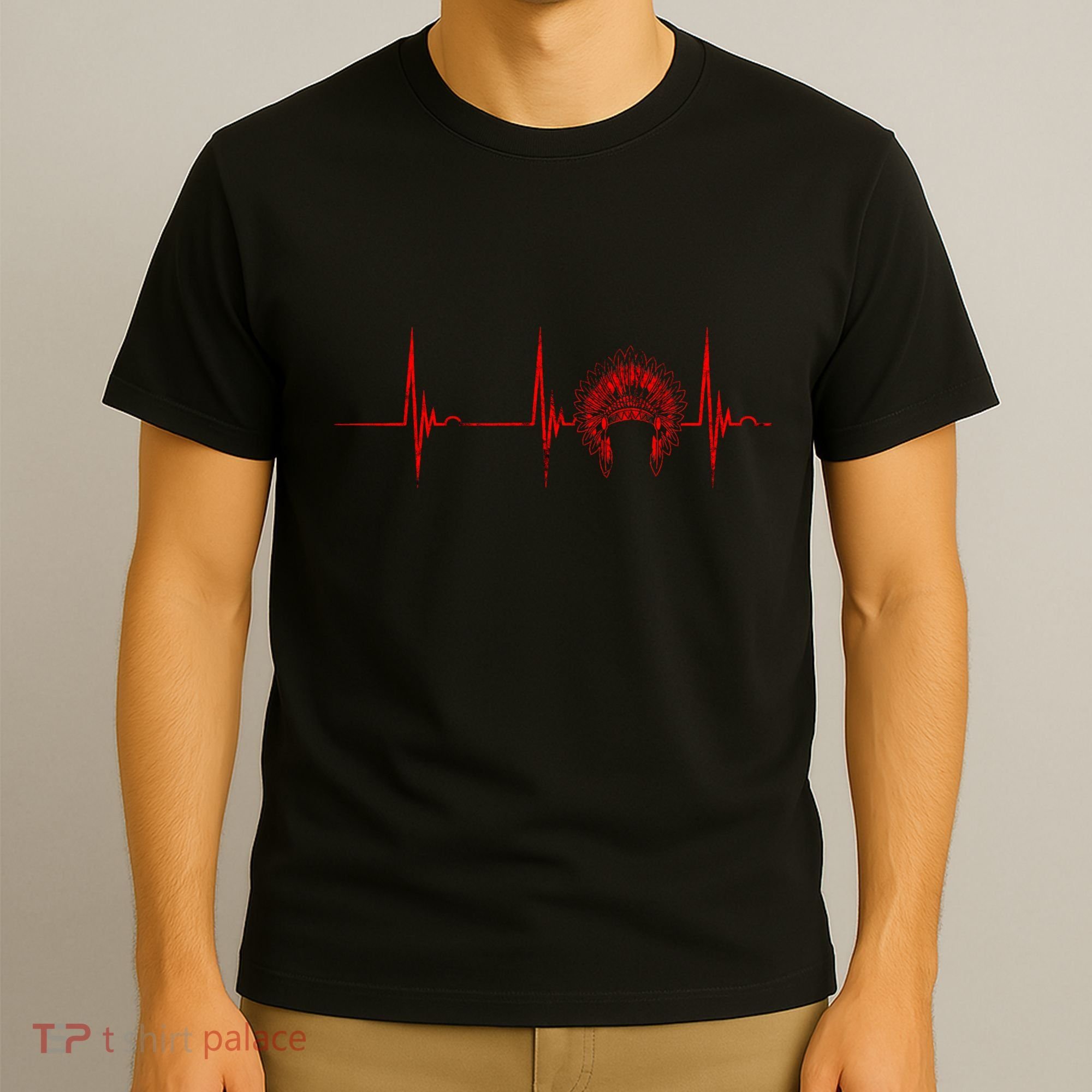 Native American Headdress Indian Chief Heartbeat Ekg Pulse T-Shirt