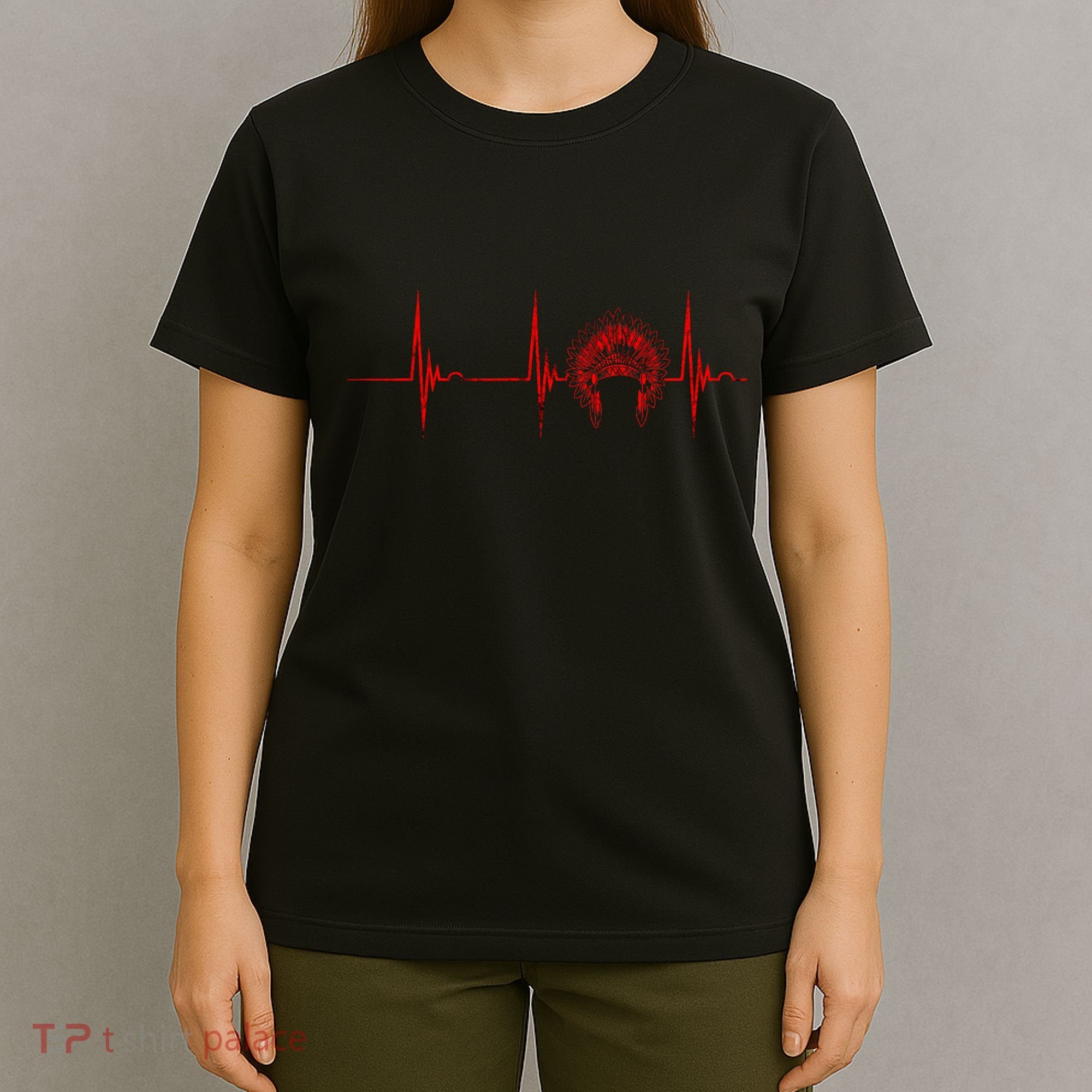 Native American Headdress Indian Chief Heartbeat Ekg Pulse T-Shirt