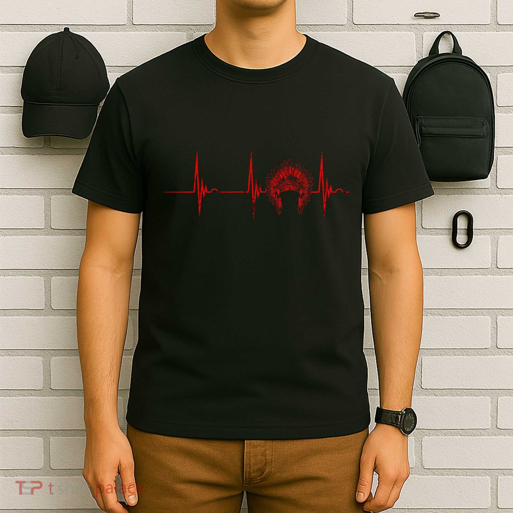 Native American Headdress Indian Chief Heartbeat Ekg Pulse T-Shirt
