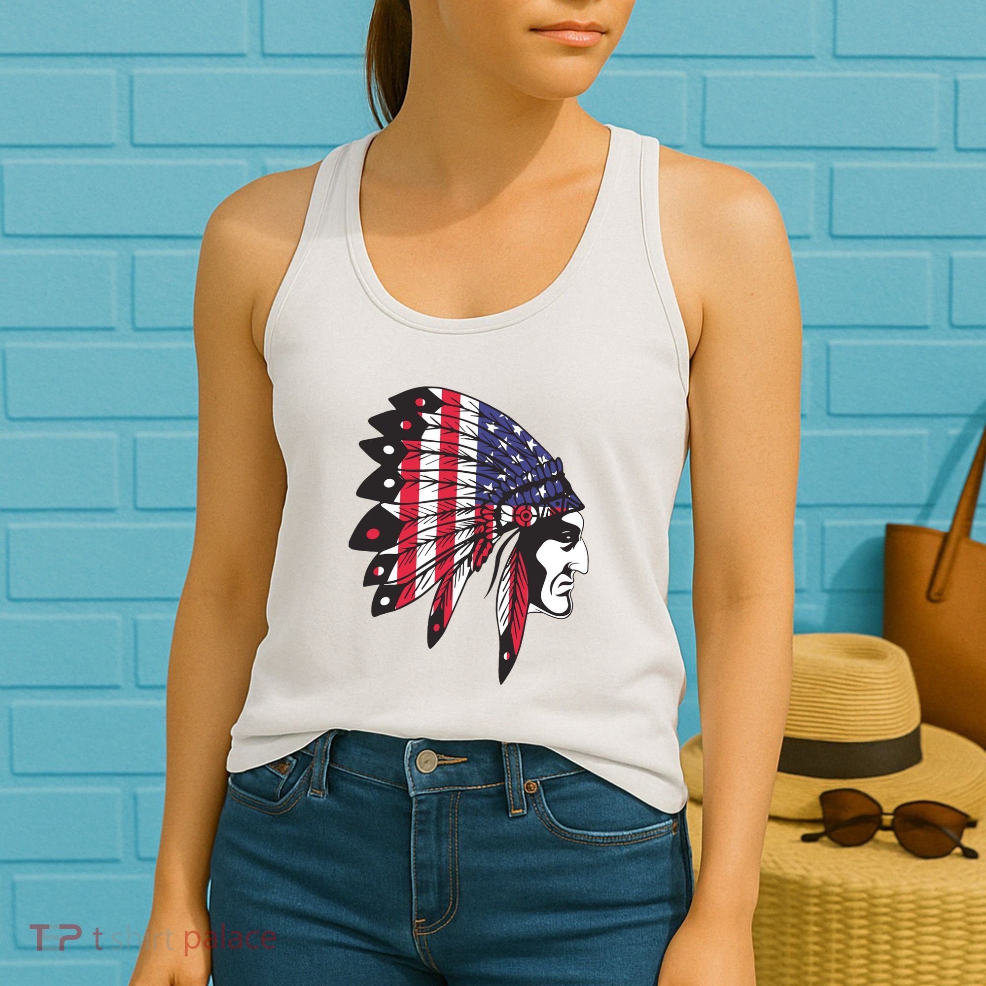 Native American Indian Chief American USA Flag 4th Of July Women's Tank Top