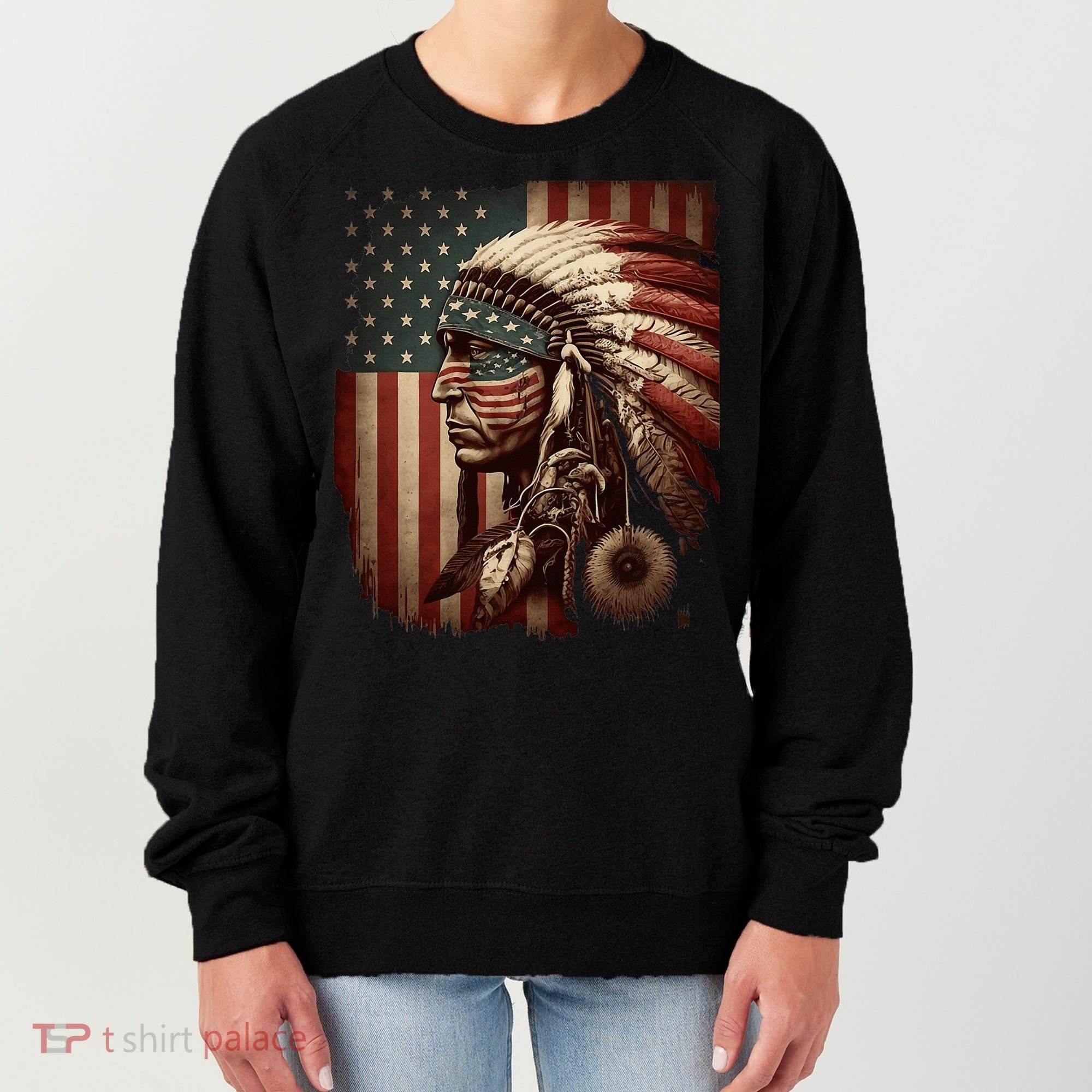 Native American Indian Chief American USA Flag Women's Sweatshirt