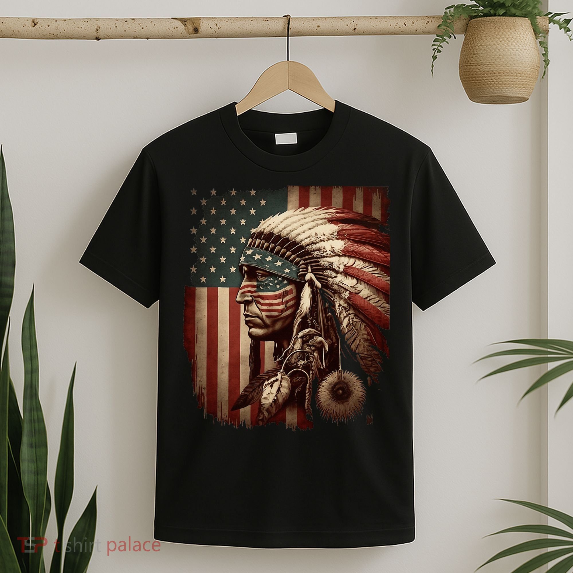 Native American Indian Chief American USA Flag T-Shirt