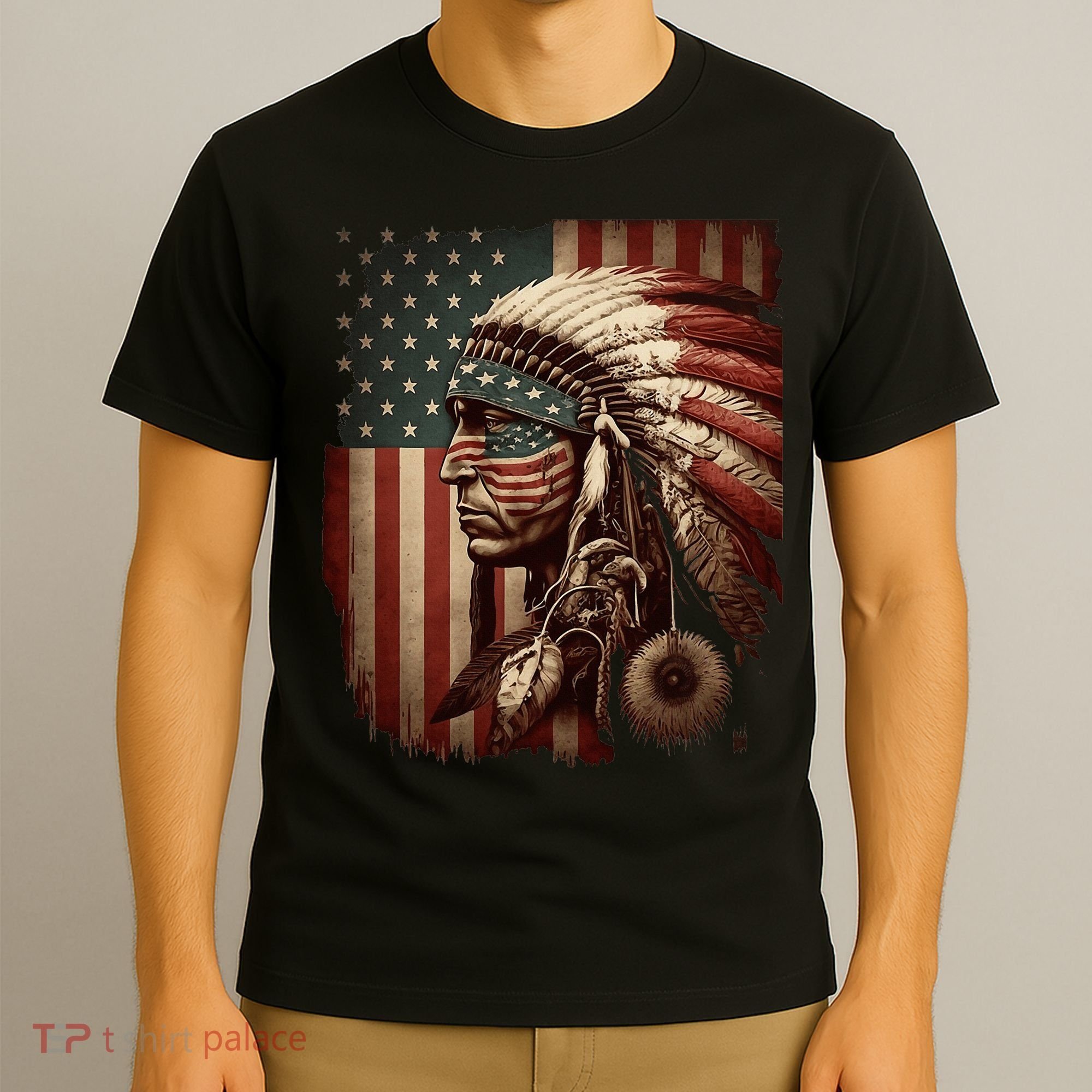 Native American Indian Chief American USA Flag T-Shirt