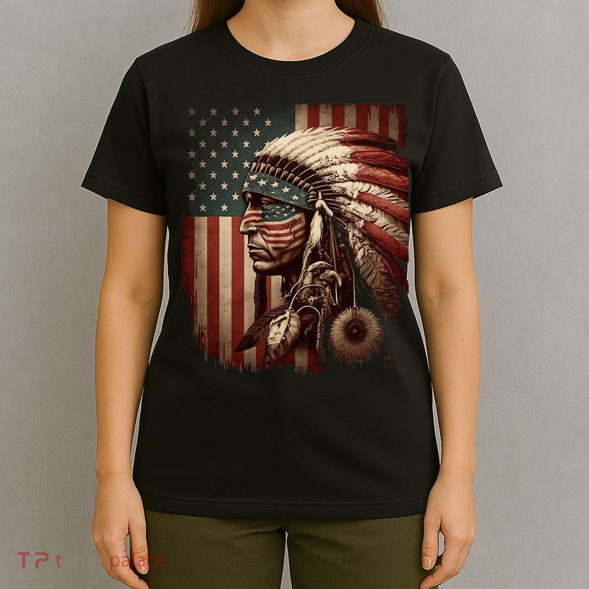 Native American Indian Chief American USA Flag T-Shirt