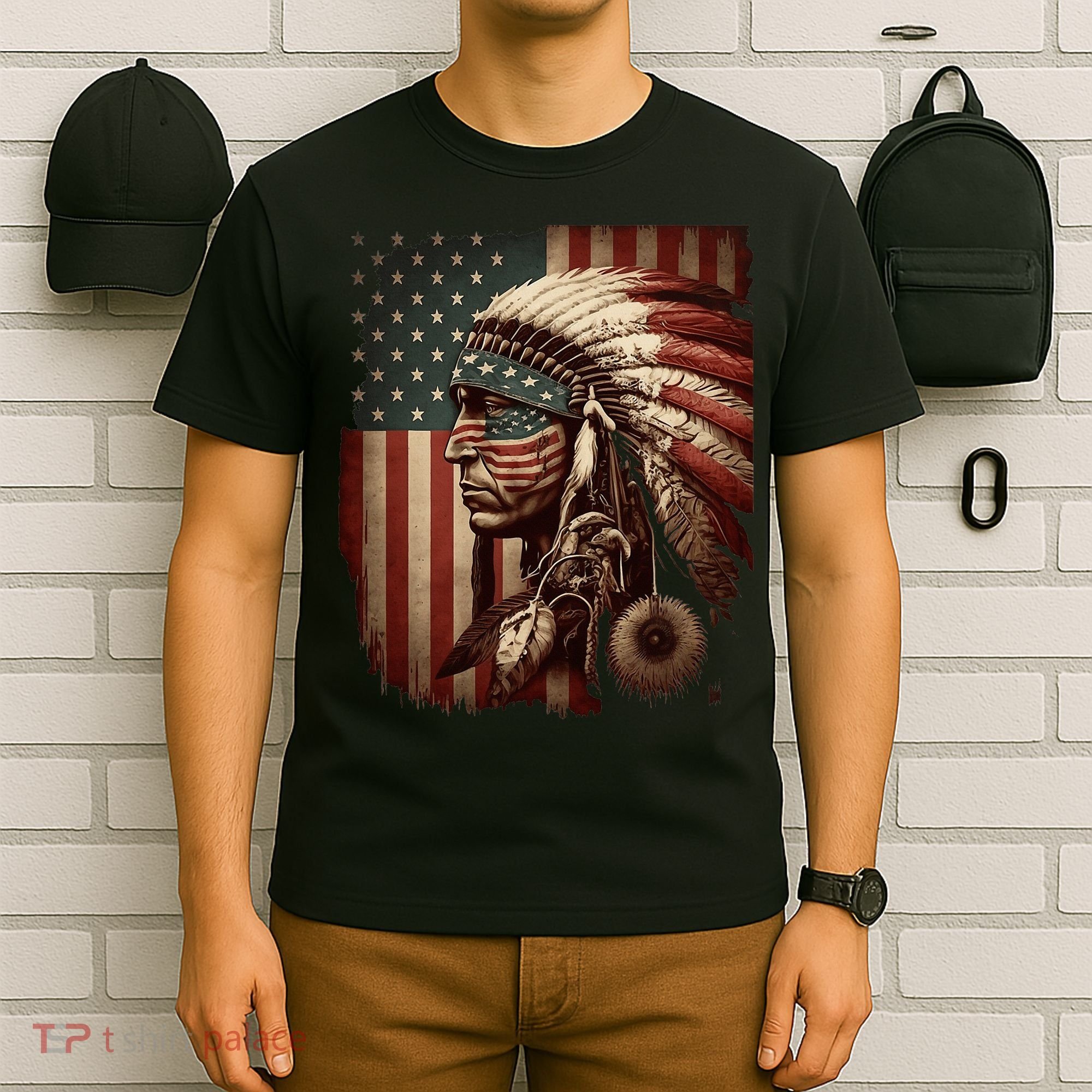 Native American Indian Chief American USA Flag T-Shirt