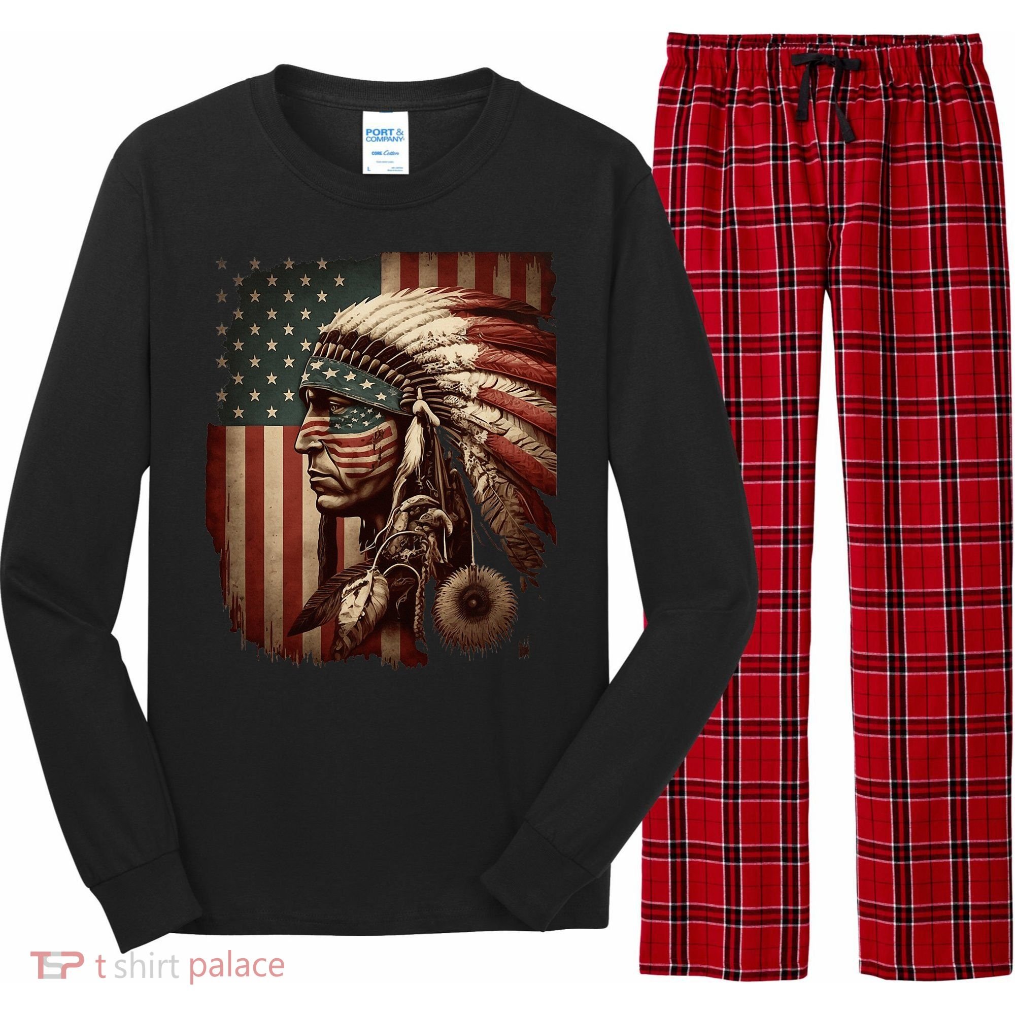 Native American Indian Chief American USA Flag Long Sleeve Pajama Set