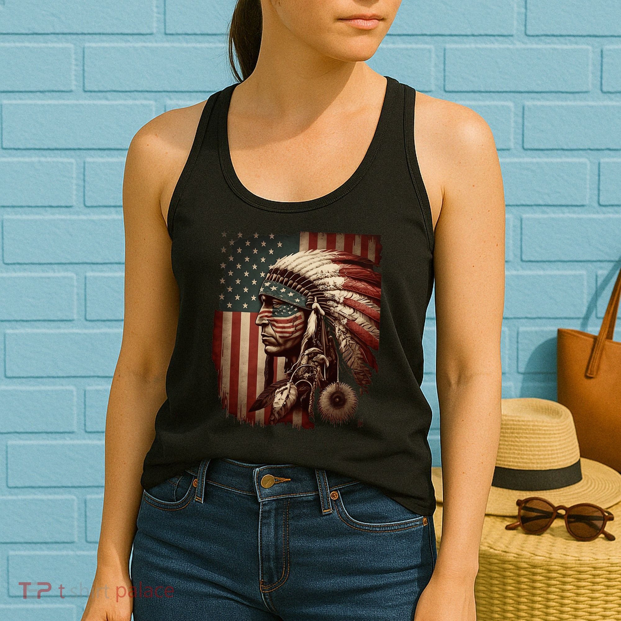 Native American Indian Chief American USA Flag Women's Tank Top