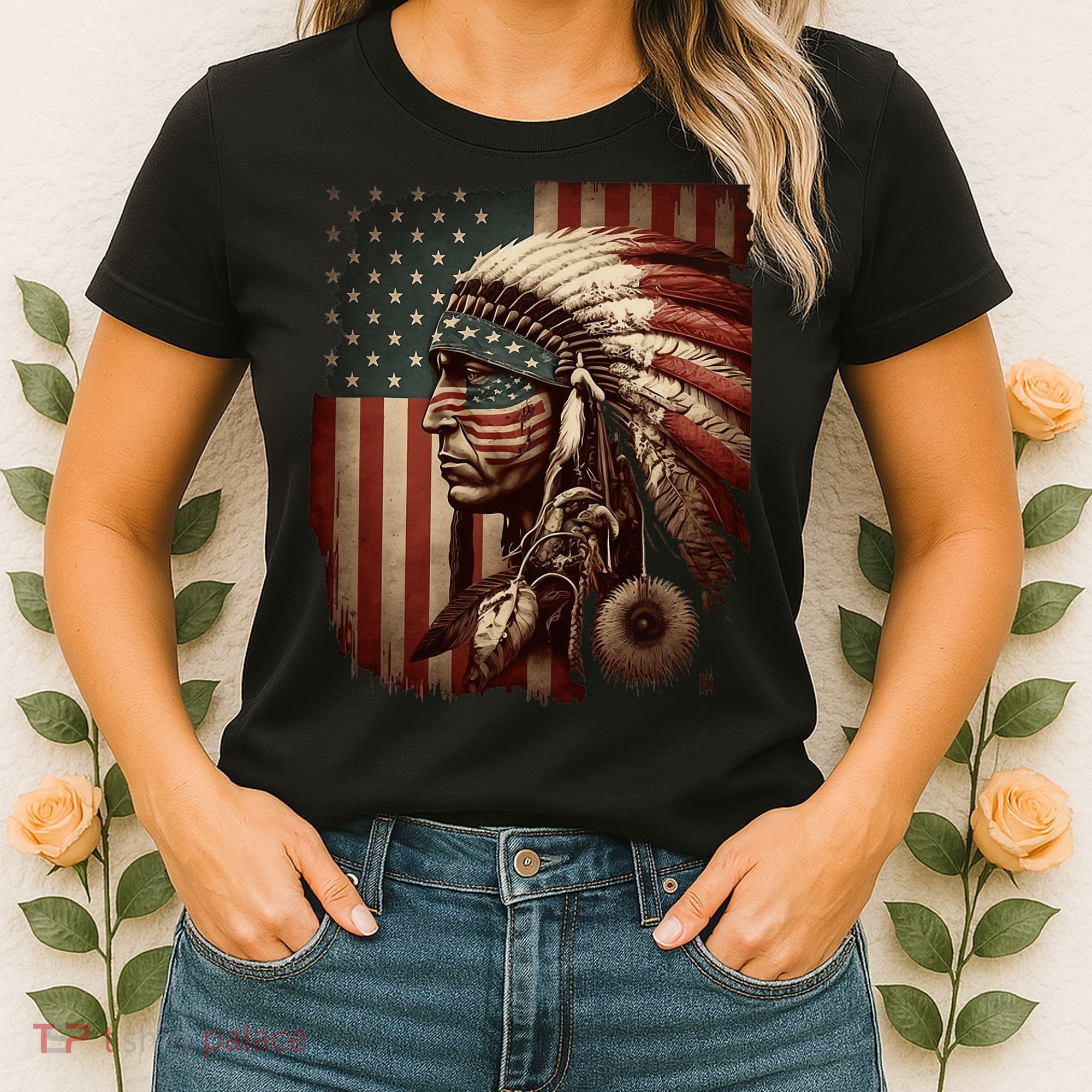 Native American Indian Chief American USA Flag Women's T-Shirt