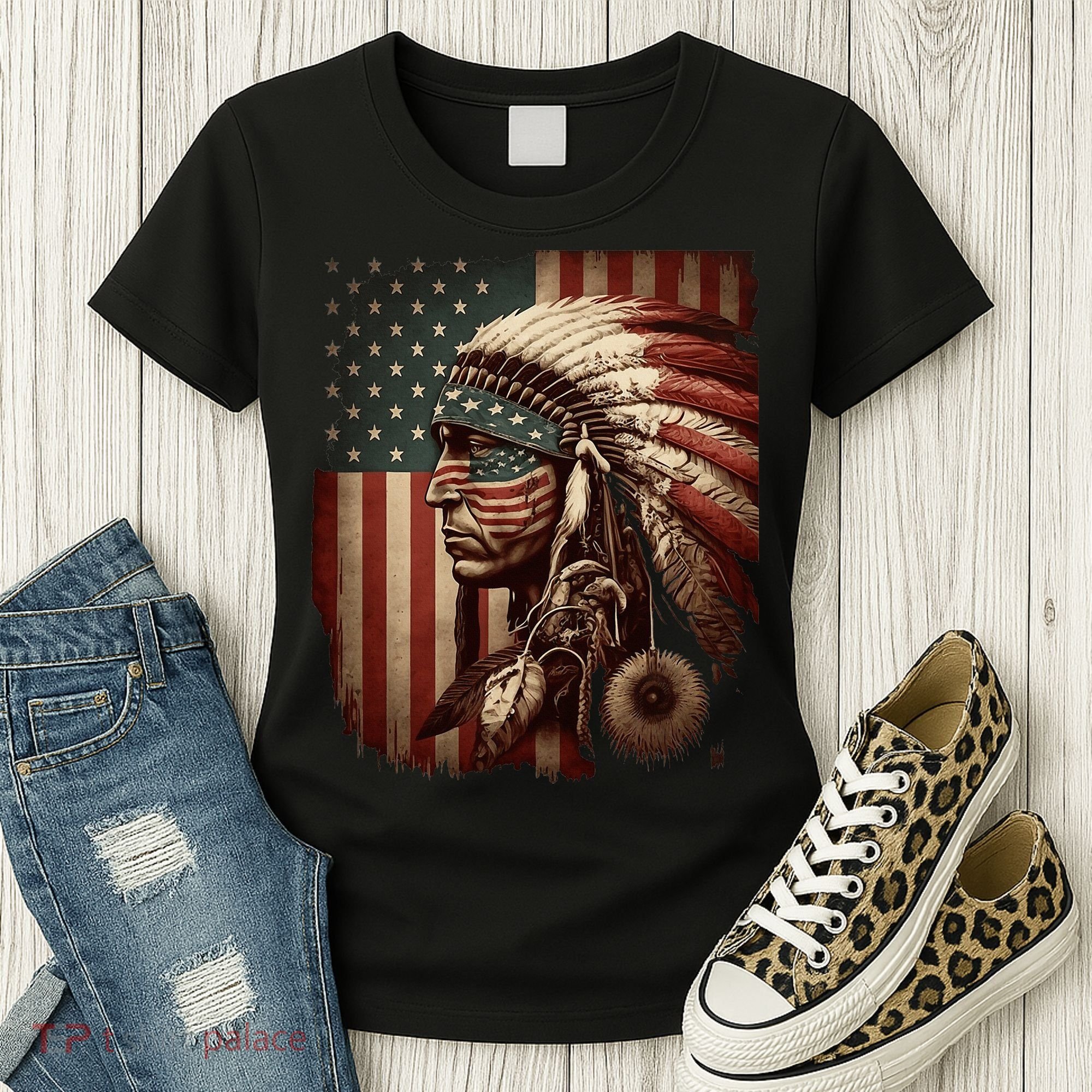 Native American Indian Chief American USA Flag Women's T-Shirt