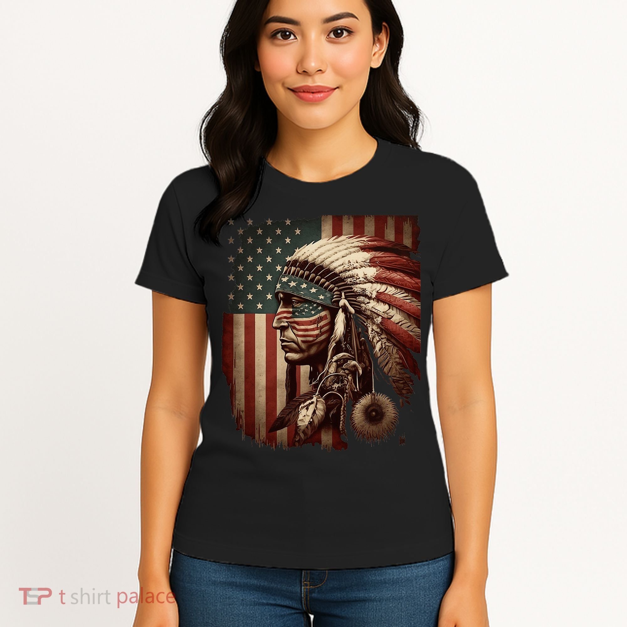 Native American Indian Chief American USA Flag Women's T-Shirt