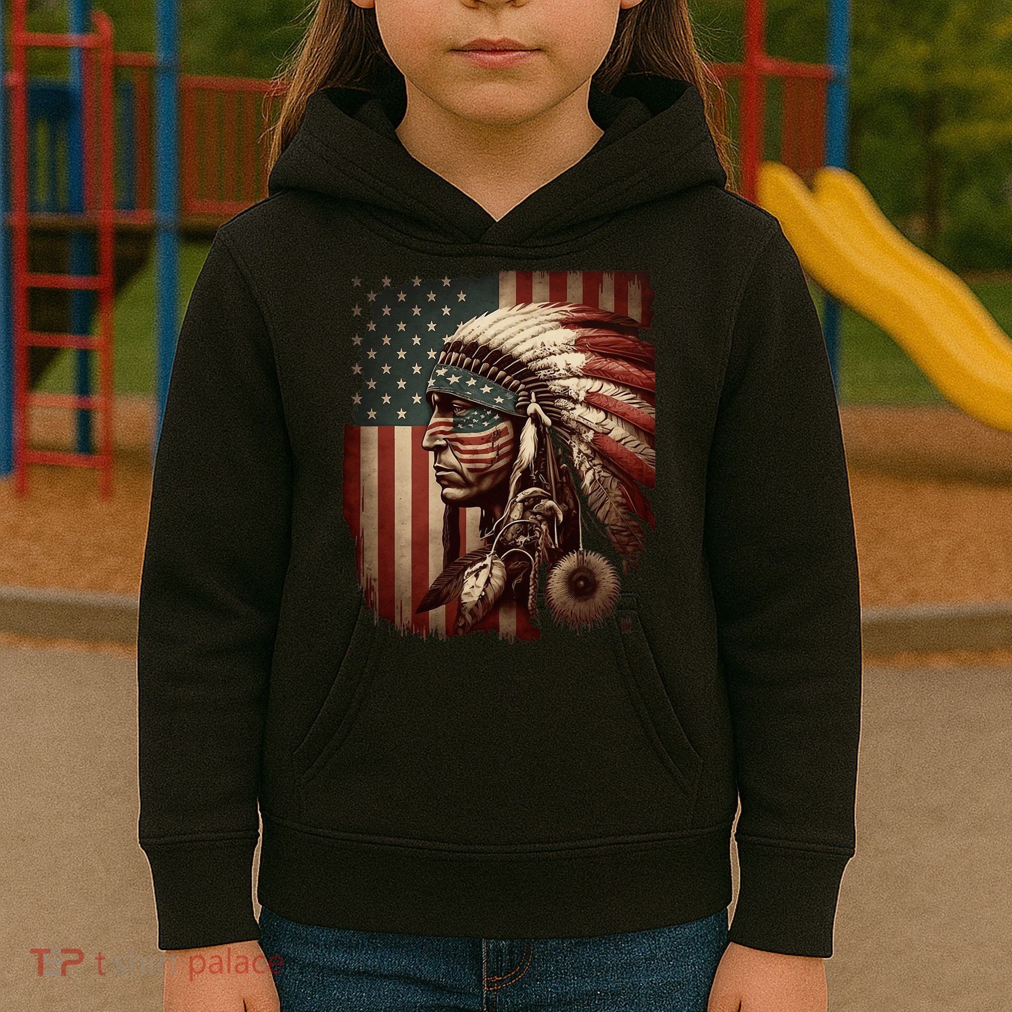 Native American Indian Chief American USA Flag Kids Hoodie