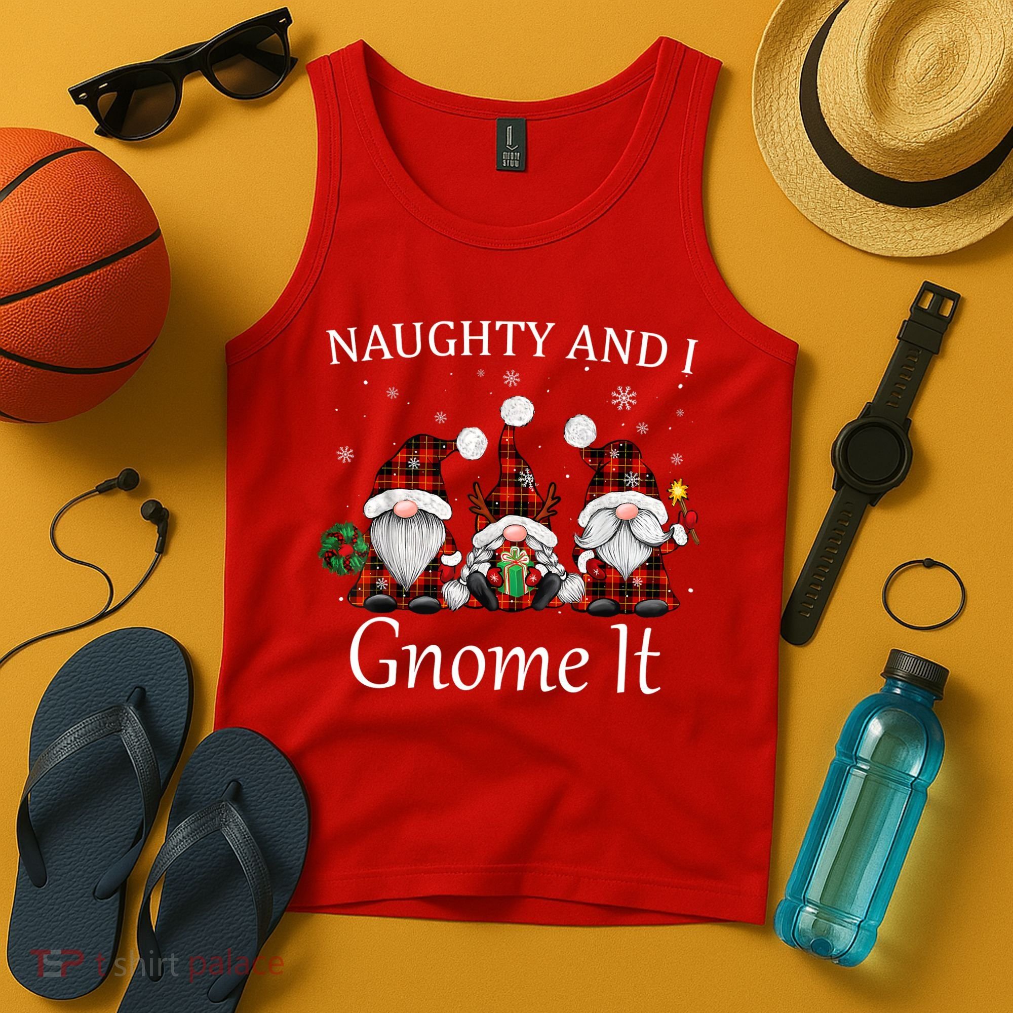 Naughty And I Gnome It Buffalo Red Plaid Christmas Gnomes Tank Top