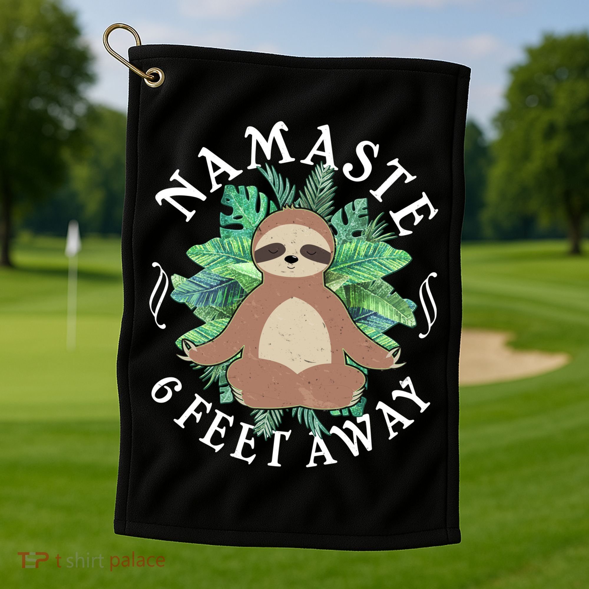 Namaste 6 Feet Away Meditating Sloth Golf Towel