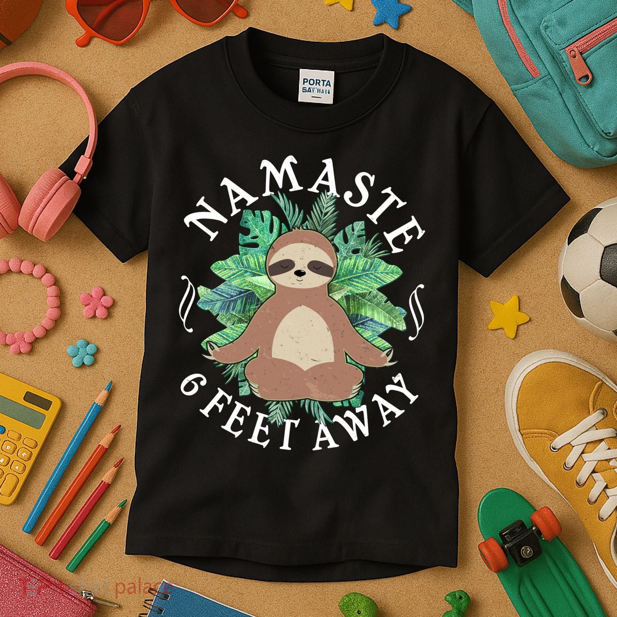 Namaste 6 Feet Away Meditating Sloth Kids T-Shirt