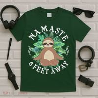 Namaste 6 Feet Away Meditating Sloth T-Shirt thumb 5